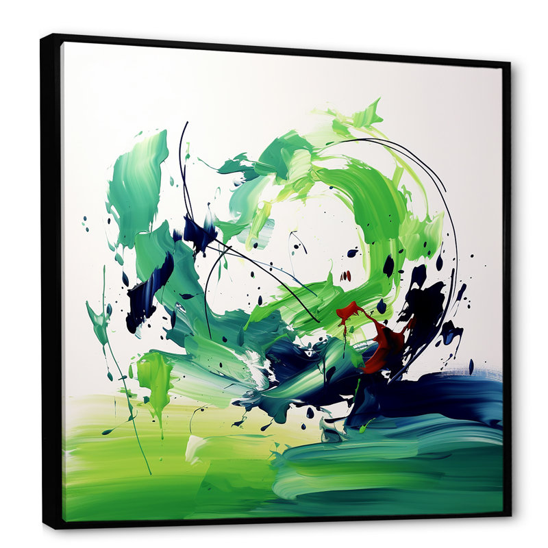 «Green and White Abstract Ink Expression II», art mural abstrait, H 16 po x l 16 po x P 1 po, Cadre flottant noir