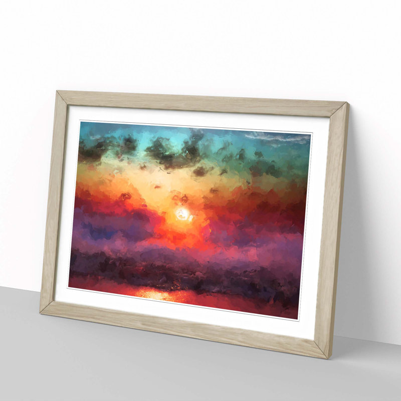 Rainbow Sunset over the Ocean in Abstract - Picture Frame Painting Print, 50cm H x 76cm W x 2cm D, Oak