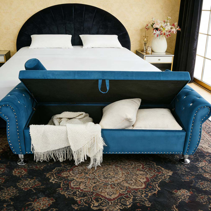 62.2 Inch Soft Velvet Storage Bench, Blue