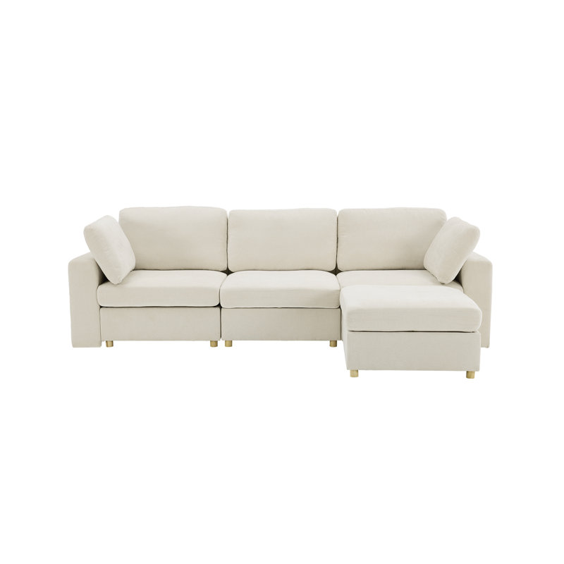 Carrigan Upholstered Sectional with Ottoman, Beige Chenille, 3 Seater+1 Ottoman