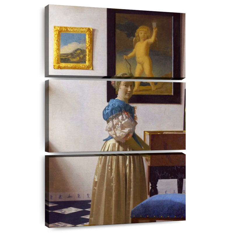 Dame Leisha debout devant un virginal 1670-1672, H 38 po x l 24 po