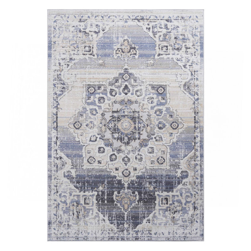 Cream / Blue / Medallion Area Rug, Rectangle 5'3" x 7'6"