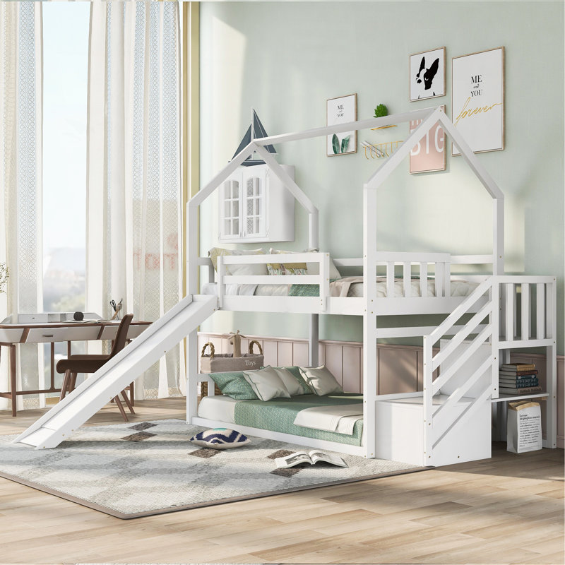 Twin Over Twin House Bunk Bed With Convertible Slide,Storage Staircase,White