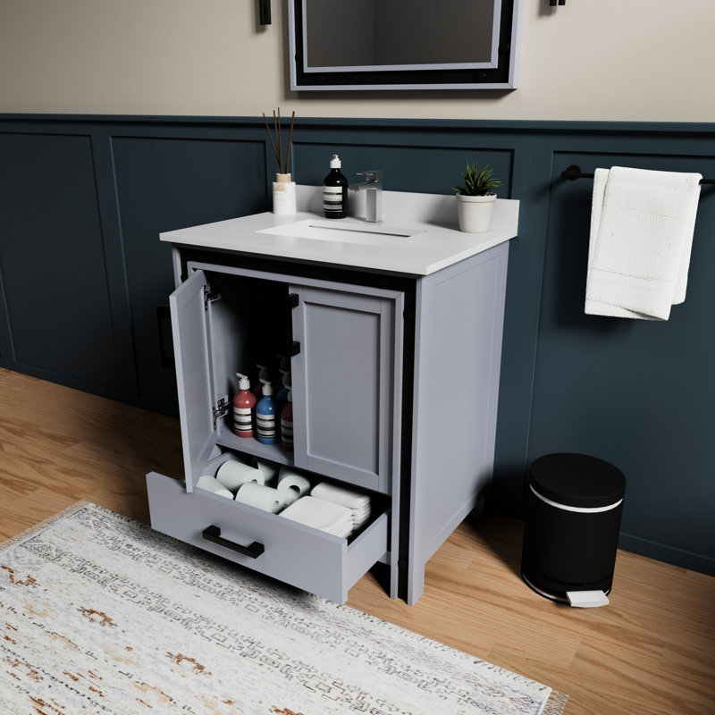30 po De salle de bain gris foncé avec miroir de 28 po et rangement pratique
