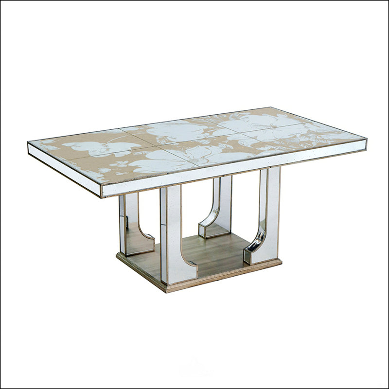Grande table de salle à manger en miroir avec un élégant motif floral et une finition argentée