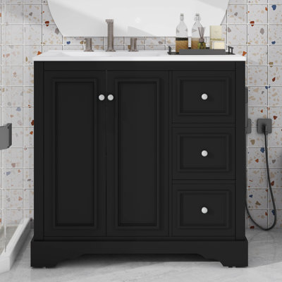 36 Inch Stand Alone Bathroom Vanity With Ceramic Sink 3 Drawers 2 Doors And Adjustable Shelf