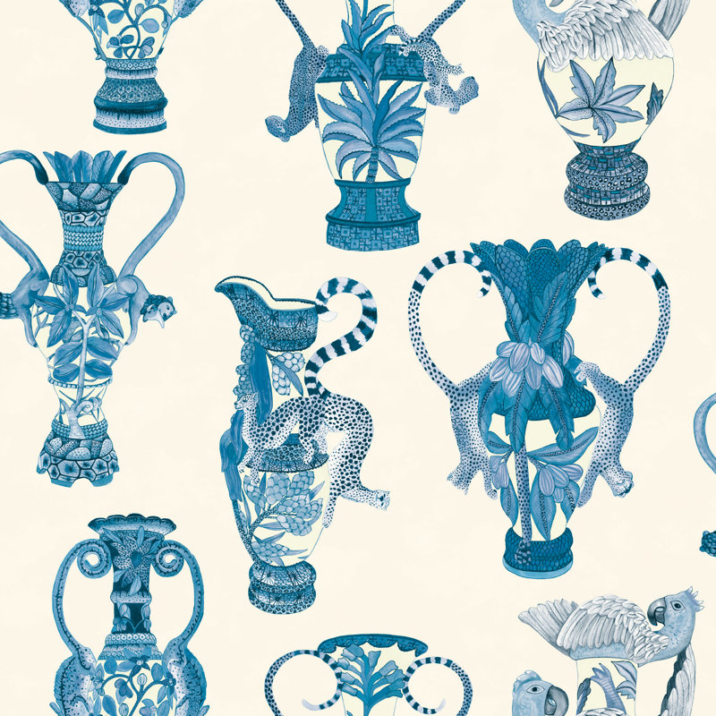 Ardmore Khulu Vases 33' L x 27" W Wallpaper Roll, Blue/White