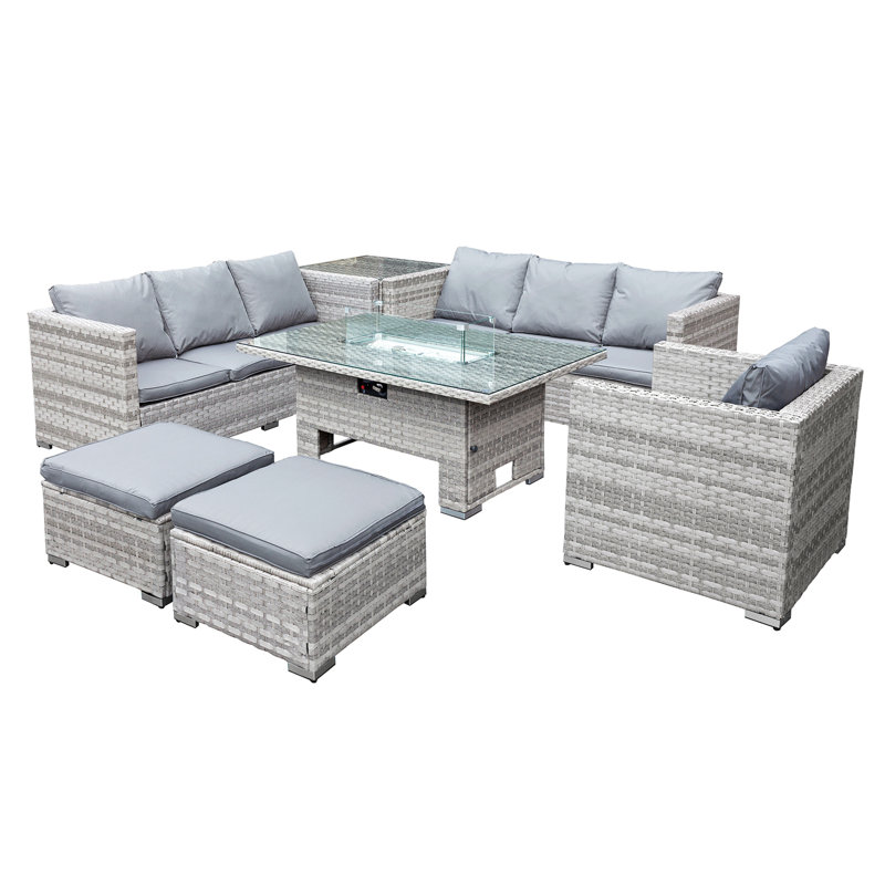 Malta Rattan 9 Seat Rising Firepit Corner Set in Dove Grey with 2 Footstools