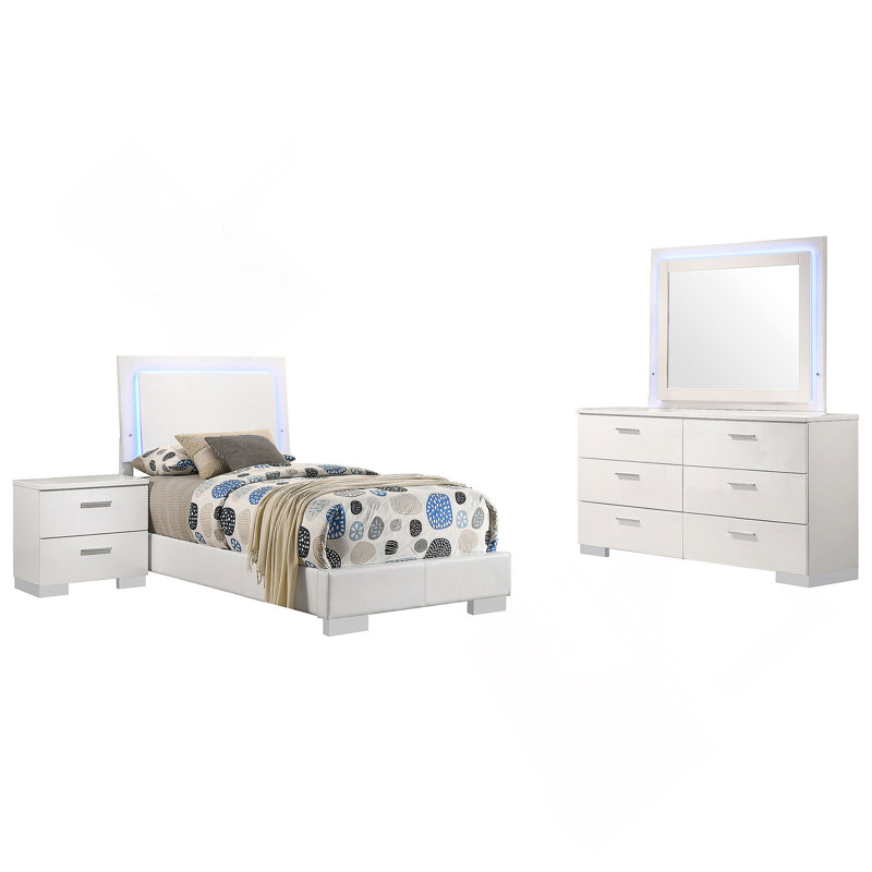 White High Gloss 4-piece Twin Bedroom Set, 4 Pieces: Bed, Nightstand, Dresser, Mirror, Twin