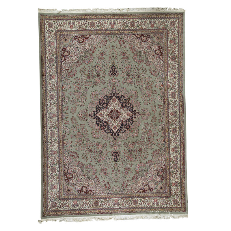 Tapis vert clair et bleu marine noué à la main de haute qualité
