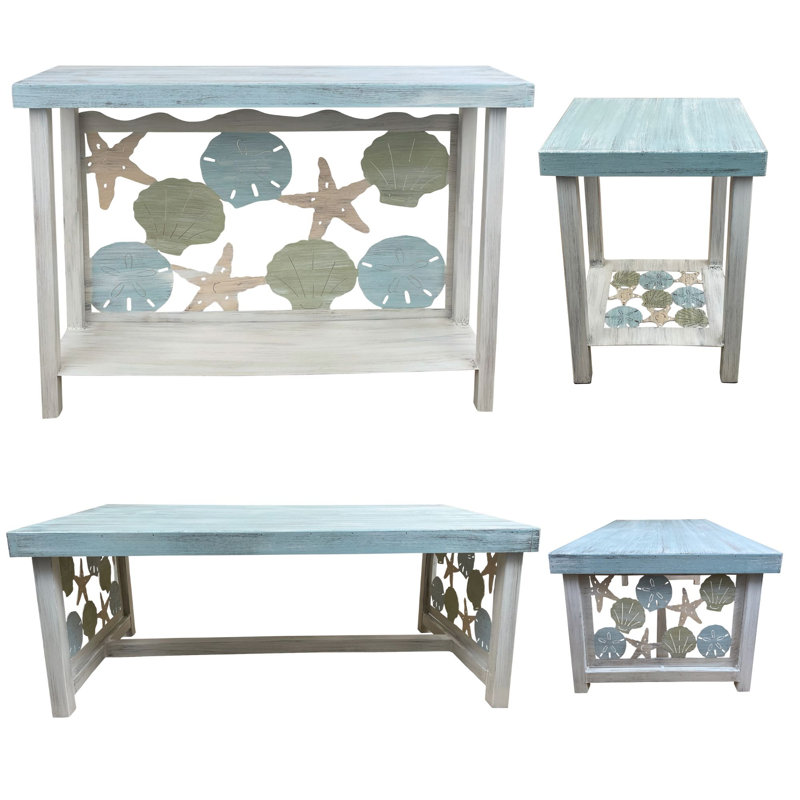SHELLS TABLE SET. 1- Rectangle Sofa Table, 1- Rectangle Coffee Table, 2- Square Iron End Tables