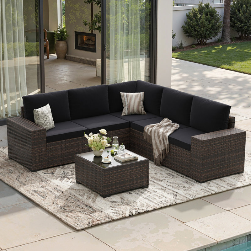Ensemble de canapé modulaire d'extérieur 6 pièces avec accoudoirs larges, Noir