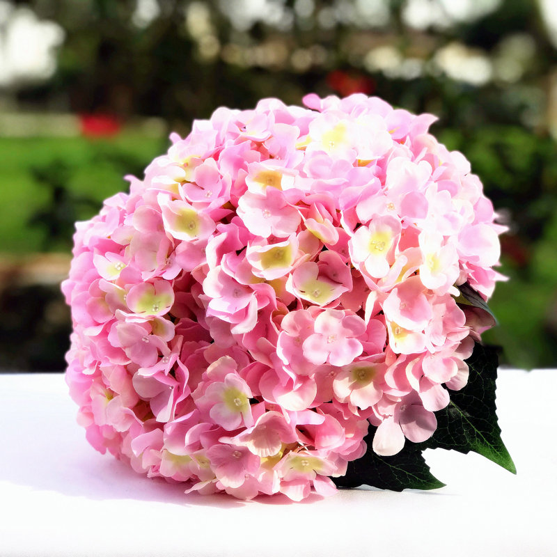 Pink Silk Hydrangea and Rose Arrangement in Clear Glass Vase