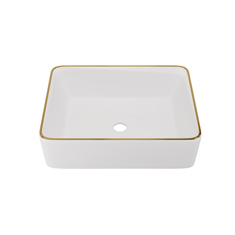 Lavabo vasque rectangulaire en porcelaine vitreuse de 19 po x 15 po DeerValley Ally, Blanc / Doré
