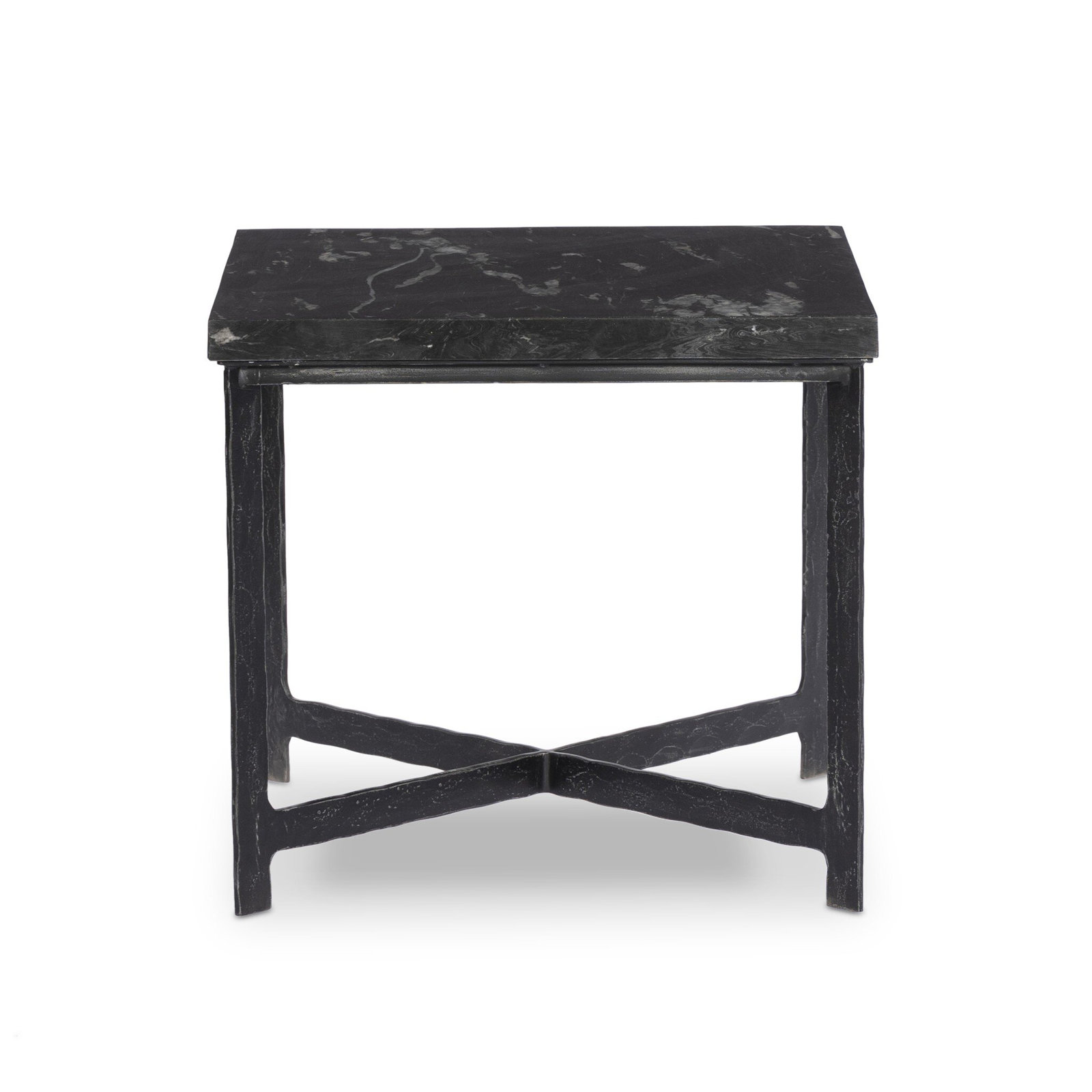 Nelida 24" Genuine Marble End Table, Charcoal Marble Top/Hammered Black Iron Base