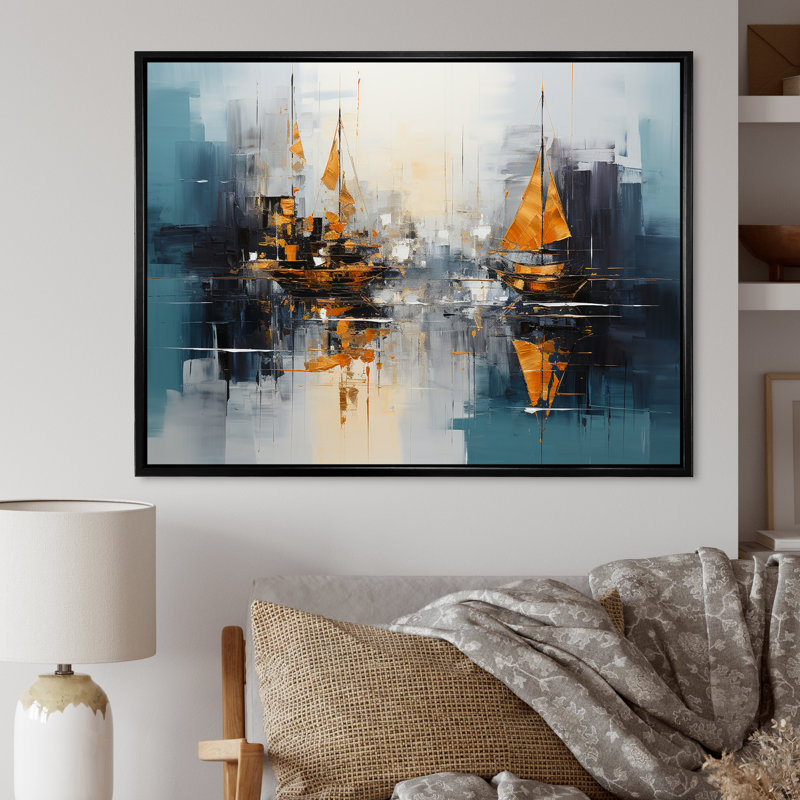 «Moonlight Saiboat Collage Horizon I», art mural de bateau à voile, H 34 po x l 44 po x P 1,5 po, Cadre flottant noir