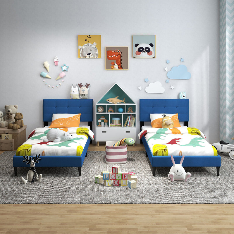 Lit plateforme tapissier Winston Porter, Bleu