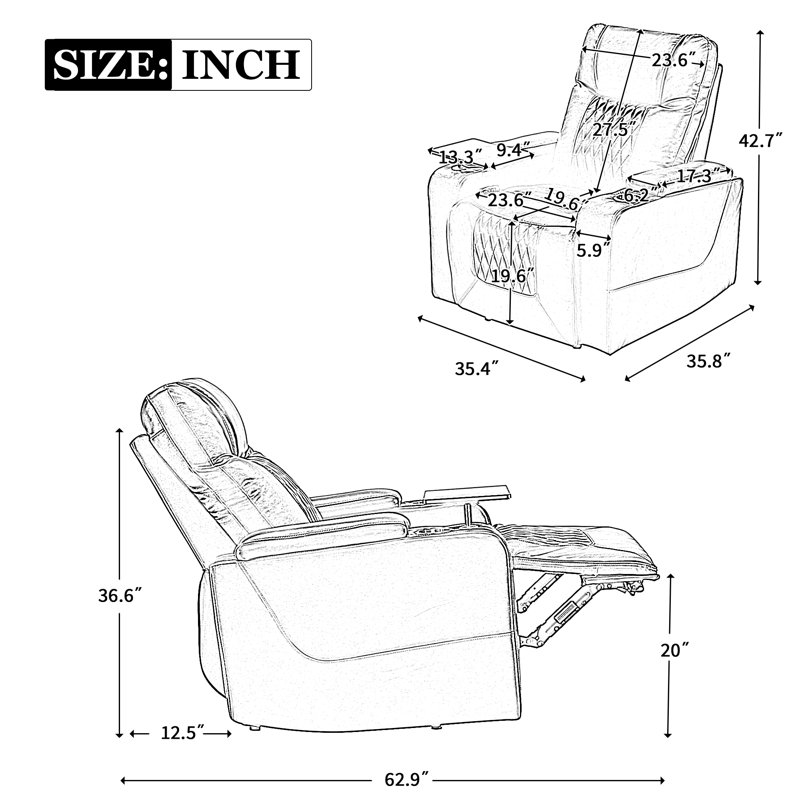  Power Motion Recliner with USB Charging Ports, Hidden Arm Storage, Two Cup Holders, and 360° Swivel Tray Table, Functional Design, Brown