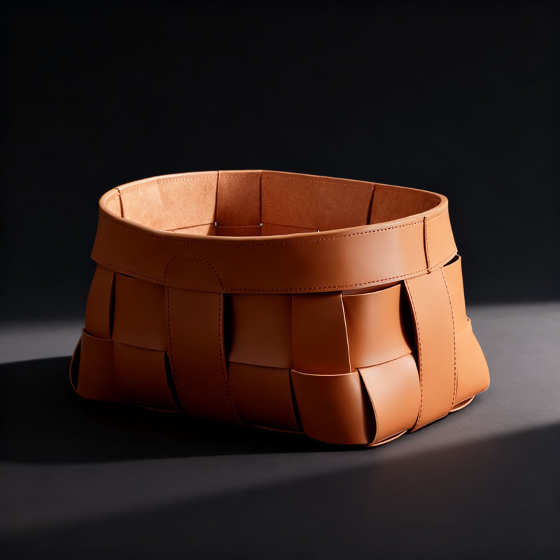 Orange-Brown, Small, Handwoven Leather Storage Basket For Clothes, Toys, Linens And Fabrics, Multi-Functional Designer Organizer For Stylish Home Decor