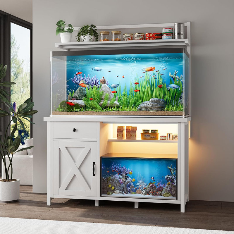 Support pour aquarium avec lumière à DEL Helge 55-75 gallons avec tablettes, Blanc
