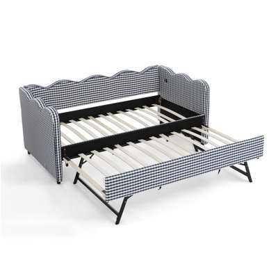 Cozy Gingham Daybed With Trundle Twin Size Sofa Bed No Box Spring Needed, With USB Port And Adorable Wave Shaped, Linen Fabric, Navy