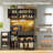 71" Kitchen Hutch Pantry With Power Outlet, Wooden Storage Cabinet with LED Lights, Adjustable Shelves and Drawer-2025243298