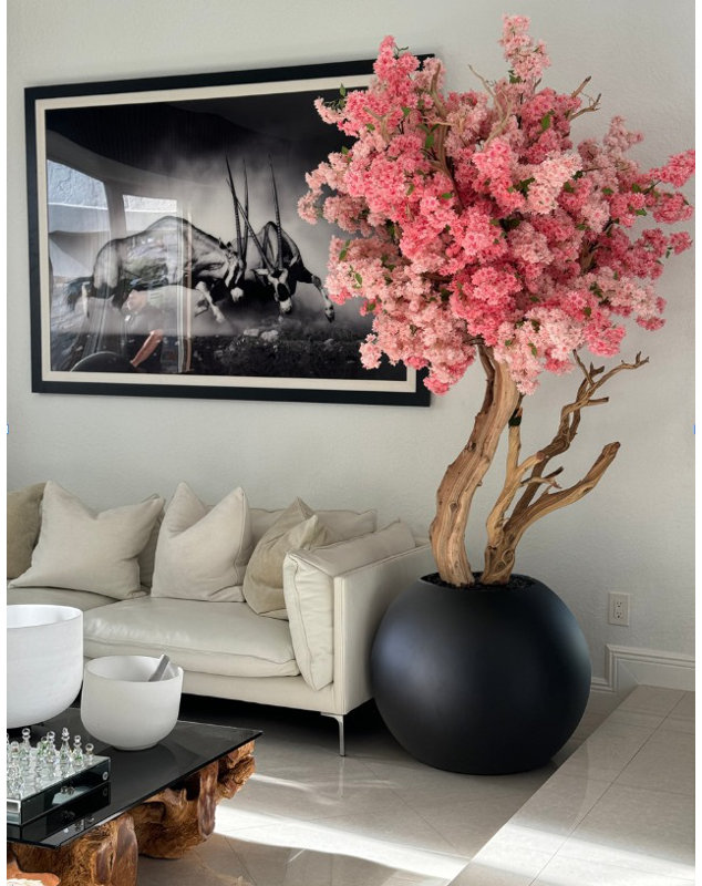 Pot à fleurs en forme de cerisier rose avec globe 30 po, Blanc