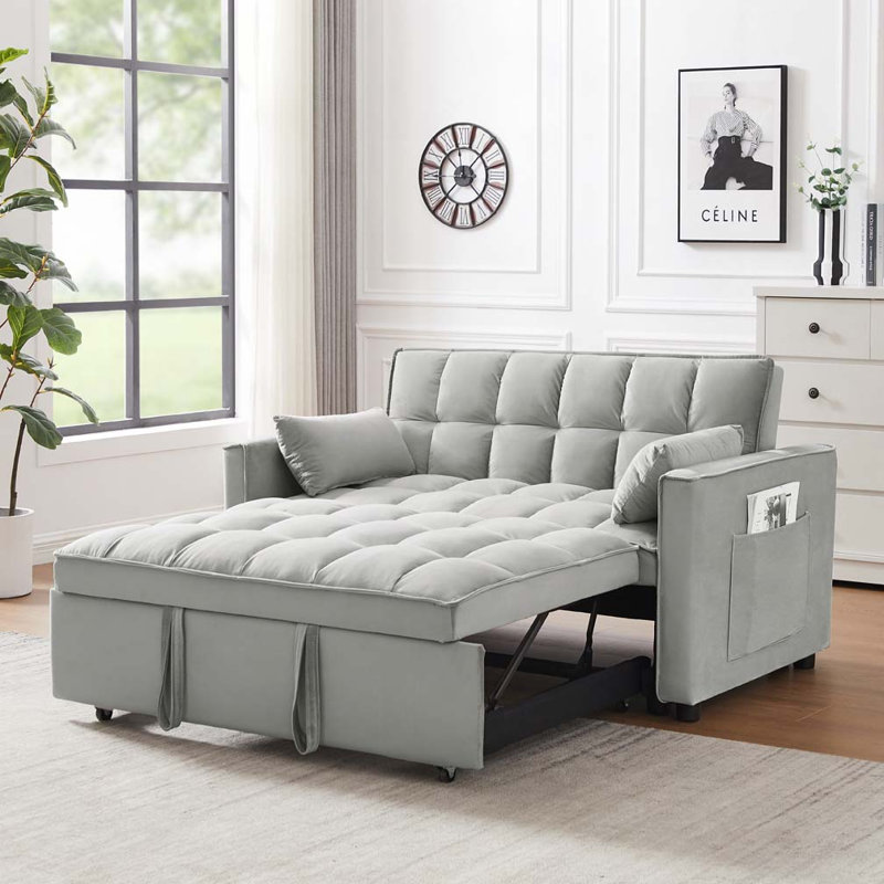 Canapé-lit en velours avec futon et causeuse, Gris