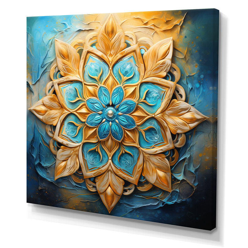 «Divine Mandala», reproduction sur toile encadrée dorée et turquoise rétro, H 16 po x l 16 po x P 1 po, Toile tendue