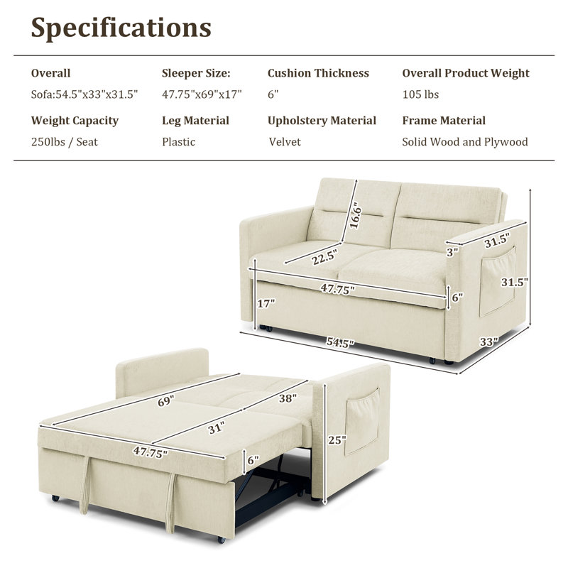 Velvet Sleeper Sofa, Beige Velvet