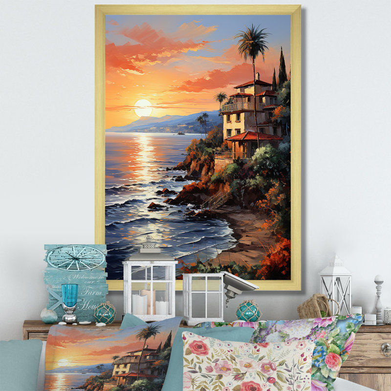 Espagne, coucher de soleil sur la Costa Del Solin I sur toile, H 40 po x l 30 po x P 1,5 po, Encadrement doré