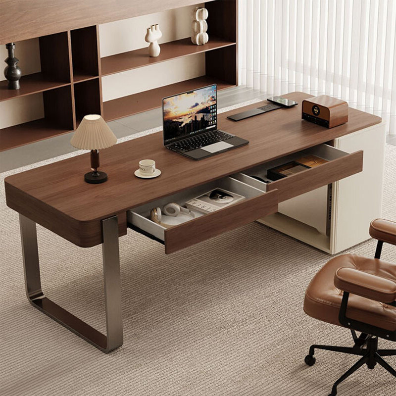 Bureau rectangulaire à 2 tiroirs en bois manufacturé brun noisette + barenia + acier inoxydable, Retour à droite