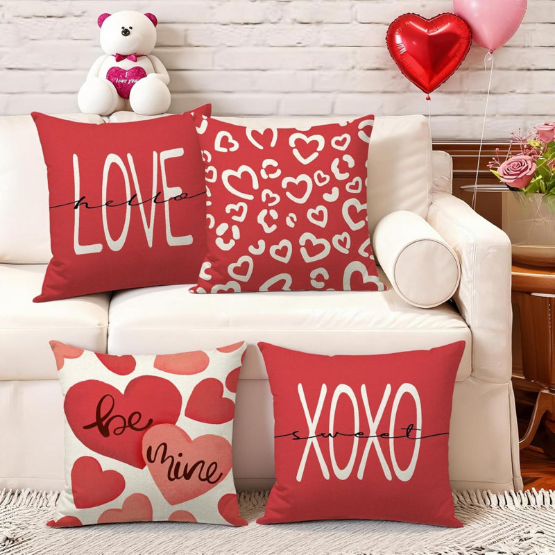 Valentines Day Pillow Covers  Set Of 4 For Valentines Day Decor Heart Love Here XOXO Sweet Valentine Throw Pillows Covers Decorative Cushion Cases Sofa Couch Valentine Decorations
