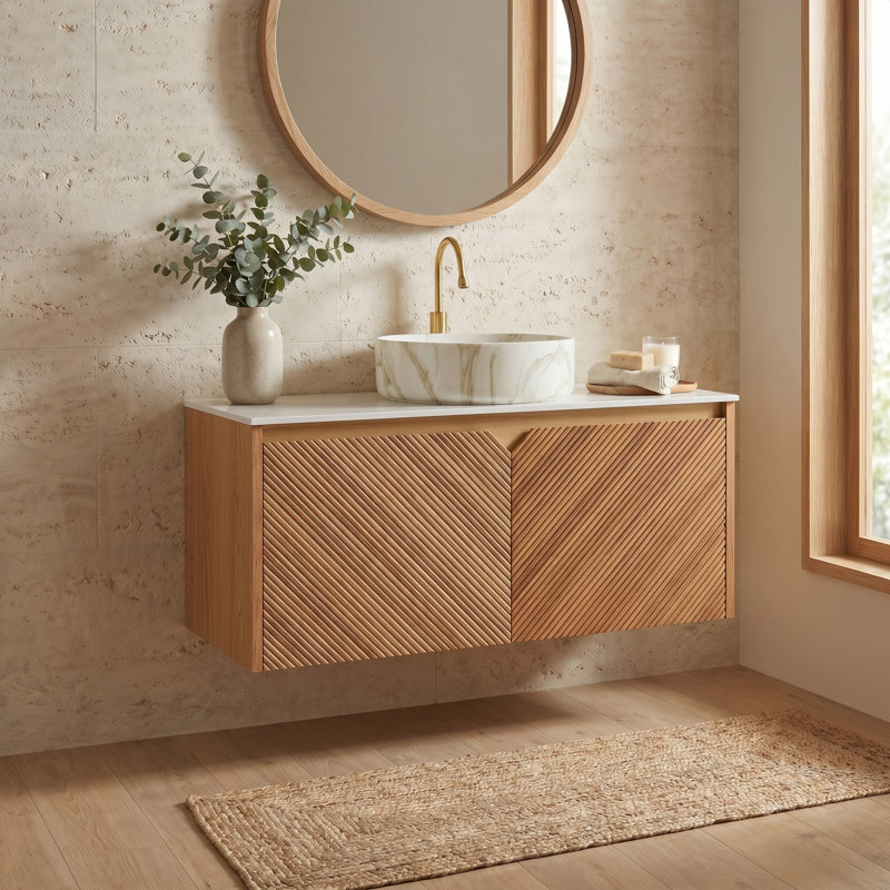 Linea 36" Modern Floating Bathroom Vanity with Twill Textured Wood Veneer Doors, Carrara White Sintered Stone Top & Ceramic Vessel Sink Options
