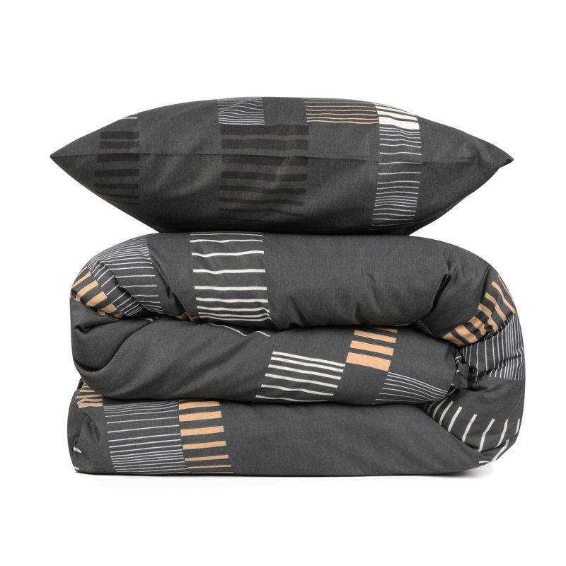 Ensemble de housse de couette simple Elegant, anthracite et or / blanc, 53,1 po x 78,7 po | 65% coton / 35% polyester, 120 fils | Lavable à la machine, housse de couette et enveloppe à fermeture à boutons | Parfait pour un décor de chambre à coucher 