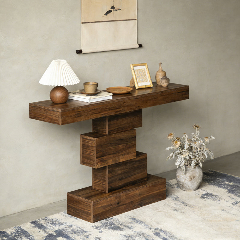 Table d'appoint en bois avec base géométrique, Rustic Brown