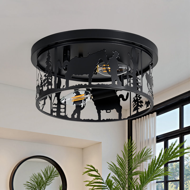 11.2-In 2 - Light Farmhouse Semi Flush Mount With Cowboy Horse Round Shade, Matte Black
