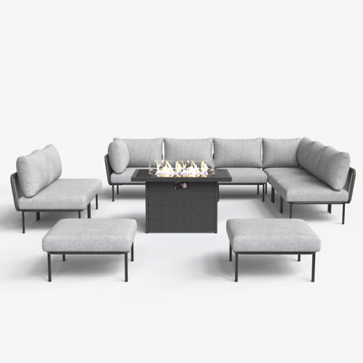 Ebern Designs 11 Pieces Aluminum Patio Furniture Set, Modern Modular Sectional Sofa with Fire Pit Table and Upgrade Thickness Cushion
