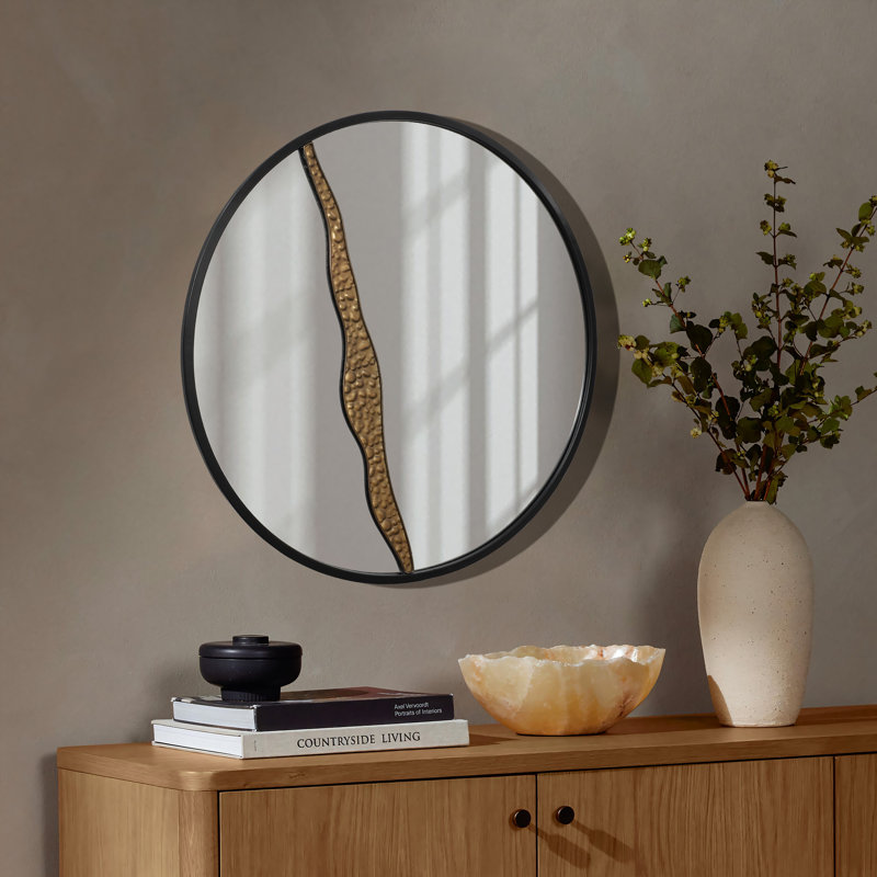 30" Modern Round Decorative Wall Mirror with Gold Accent