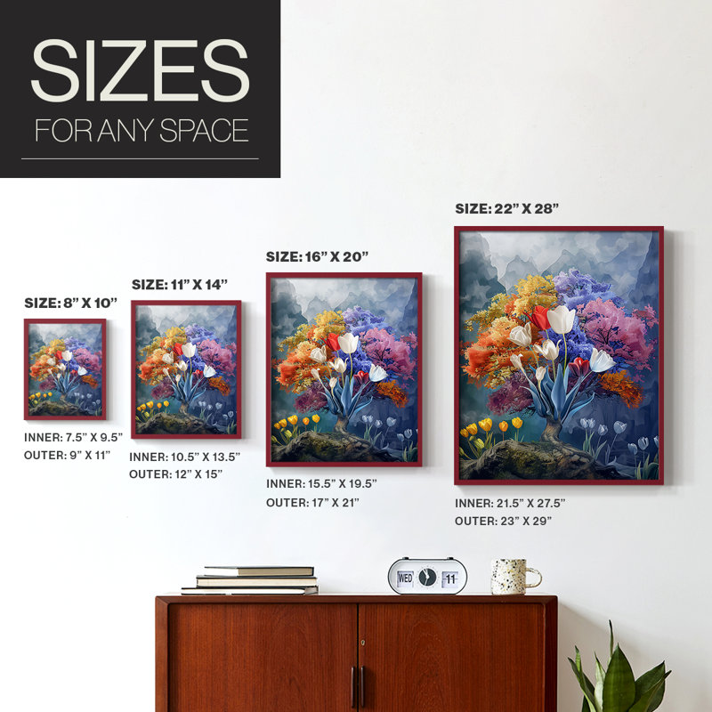 Reproduction encadrée FLORAL Series DCCDXII - bois massif, H 21 po x l 17 po, Rouge