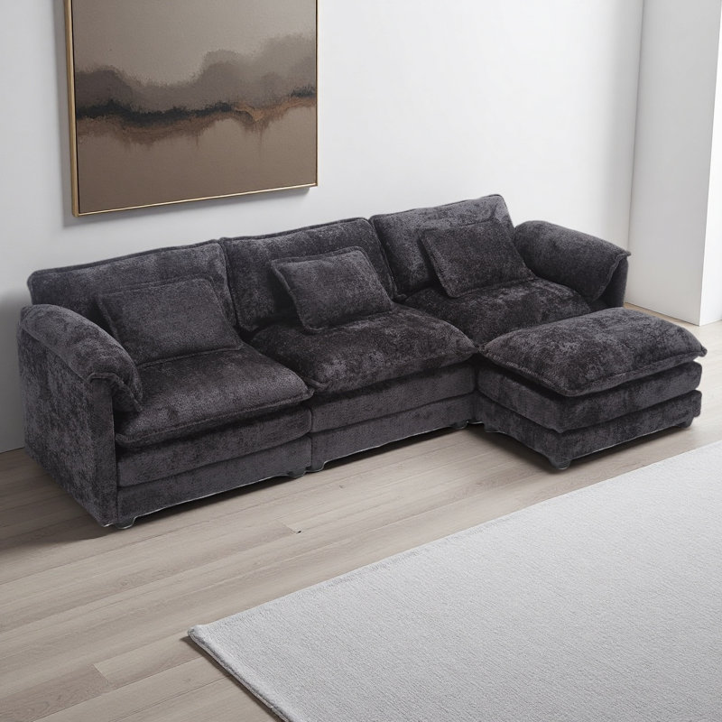 Canapé-lit modulaire surdimensionné de 112 po pour le salon, canapé en L en chenille moderne, canapé-lit modulaire confortable avec repose-pieds mobile