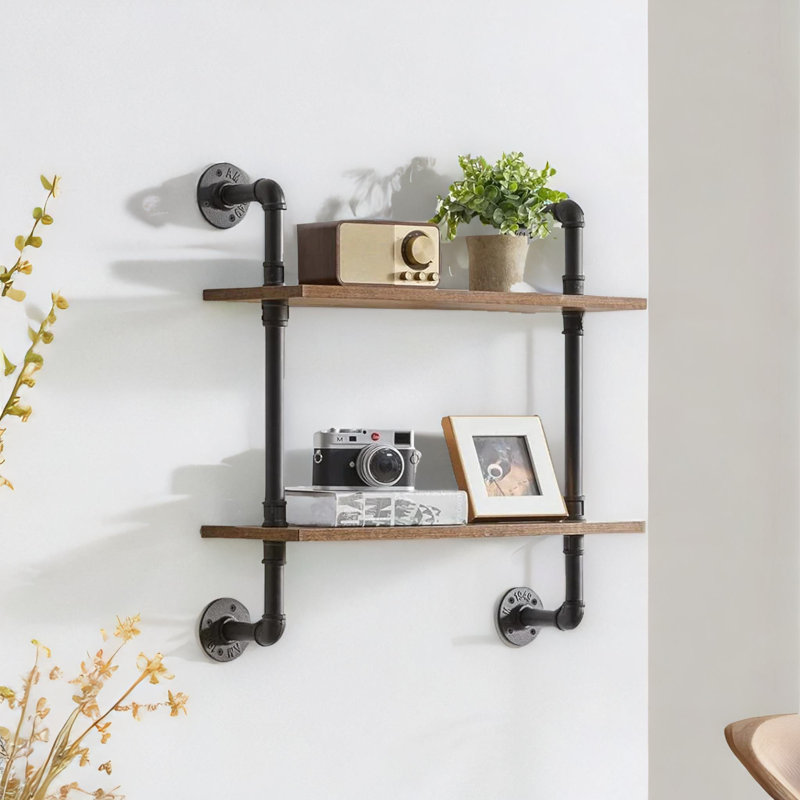 Wrightstown 2 Piece Floating Shelf Industrial Rustic Brown Pipe Home Furniture