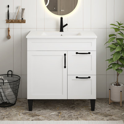 White 31 Inch Bathroom Vanity With Ceramic Sink,Cabinet With 1 Doors And 2 Drawers,Black Metal Handle,Black Feet,Soft Close Hinge