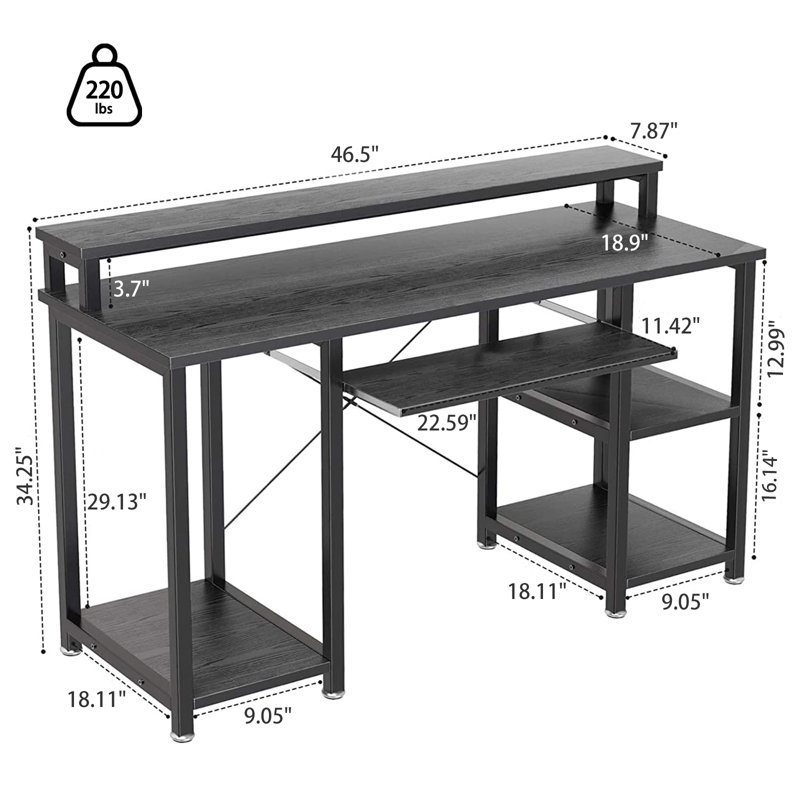 Modern Home Office Computer Writing Study Desk with Storage Shelves and Keyboard Tray, Black/Black