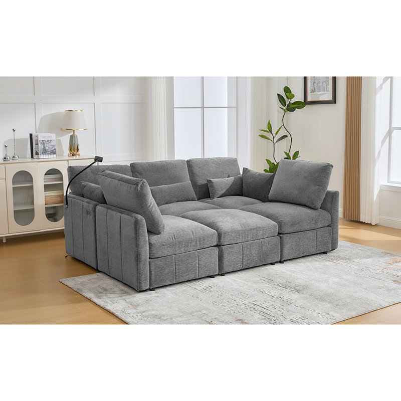 L-Shaped, Sectional , Living Room, Movable , Ports, Phone Holder, Chenille Upholstery, Grey Grey, Modular, Bed, Reconfigurable Charging, Lumbar Pillows, Easy To Assemble