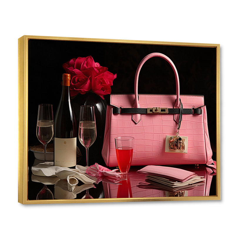 Rose Fashion Bag & Champagne V - imprimé, H 30 po x l 40 po x P 1,5 po, Cadre flottant doré