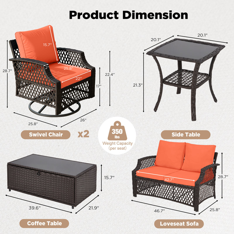 Ensemble de meubles de patio 5 pièces, ensemble de conversation en osier avec chaises pivotantes, causeuse, table basse avec rangement, table d'appoint en verre
