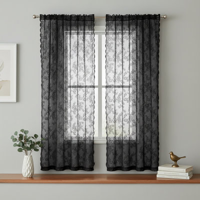 2 Panel Lace Curtain Airy Sunscreen Thin Dustproof Washable Decorative Tear Resistant Floral Patterned Black Lace Sheer Curtain For Home Decor, W/100cm X L/140cm