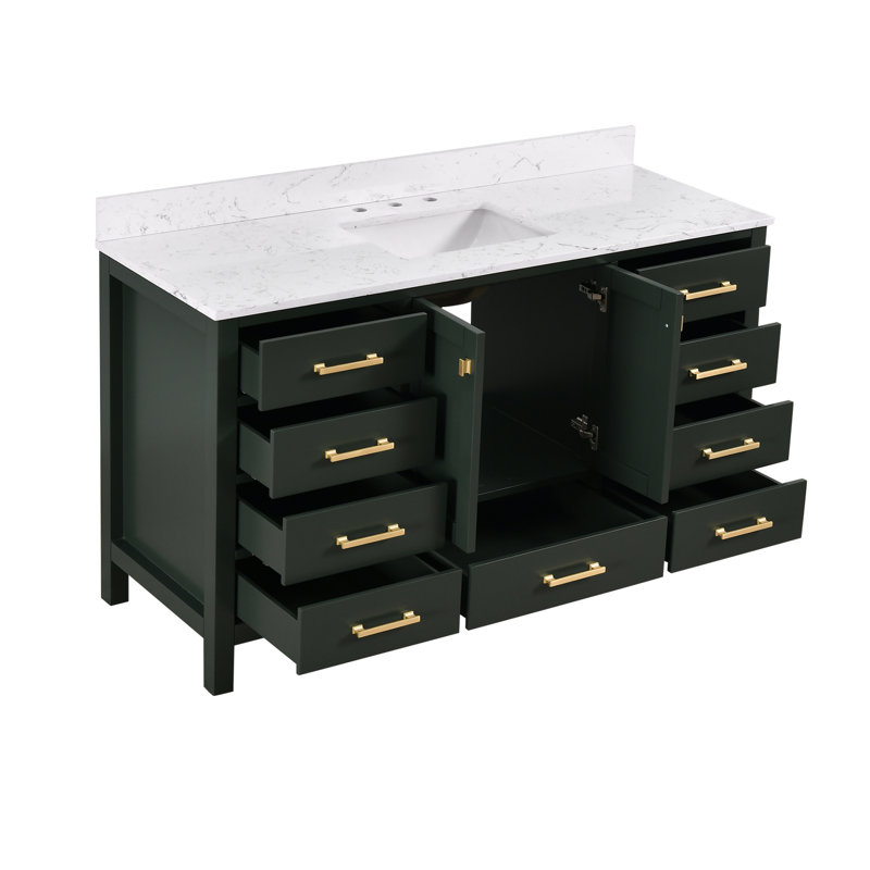 Render 60'' Single Bathroom Vanity With Engineered Stone Top, Green, Brushed Gold