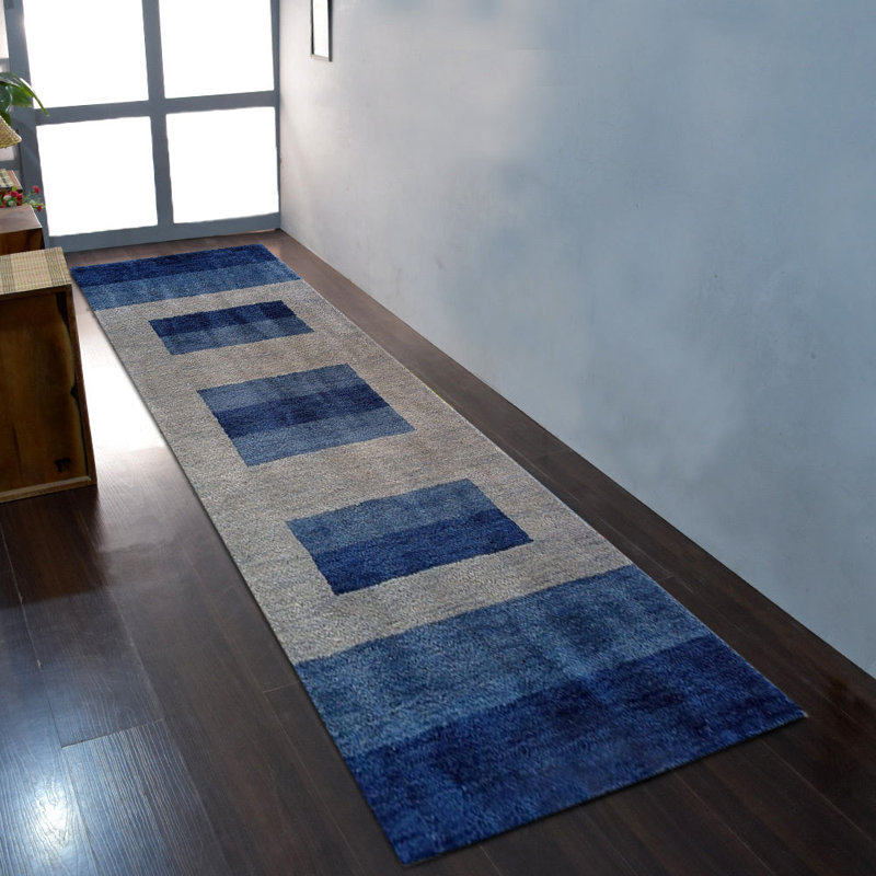 Kenshawn HAND KNOTTED LOOM WOOL ECO-FRIENDLY AREA RUGS - Runner | Blue Light Blue Color, Contemporary Modern Design, High Pile Handmade Anti Skid